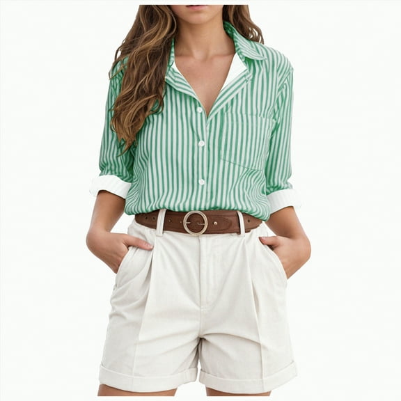 Godom Button Up Shirts for Women Casual Tops Long Sleeve Button Down Blouses Stripes Turn-down Collar Top