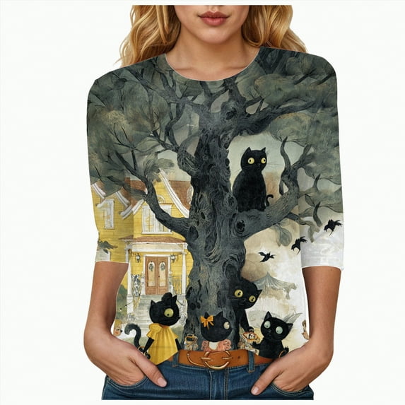 Godom Crew Neck Fall T-Shirt for Women Family Halloween Tops 3/4 Length Sleeve Pumpkin Graphic Tees