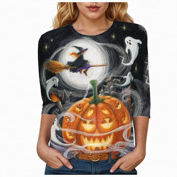 Godom Crew Neck Fall T-Shirt for Women Family Halloween Tops 3/4 Length Sleeve Pumpkin Graphic Tees