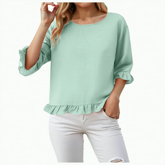 Godom Crewneck Shirts Women 3/4 Sleeve Casual Loose T-Shirts Summer Solid Tunic Tops Tees