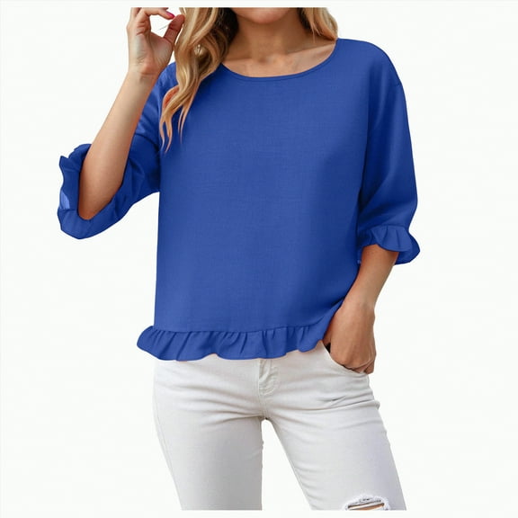 Godom Crewneck Shirts Women 3/4 Sleeve Casual Loose T-Shirts Summer Solid Tunic Tops Tees