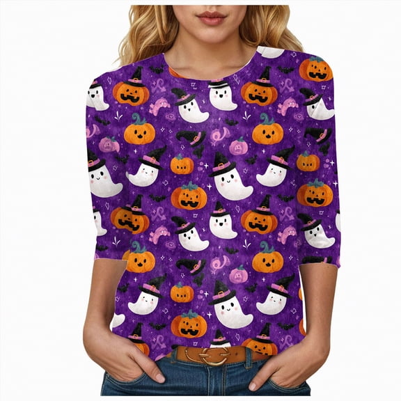 Godom Funny Halloween T Shirts for Women Graphic Tees Cute Ghost Print Tee Holiday Tops
