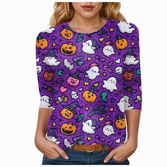 Godom Funny Halloween T Shirts for Women Graphic Tees Cute Ghost Print Tee Holiday Tops