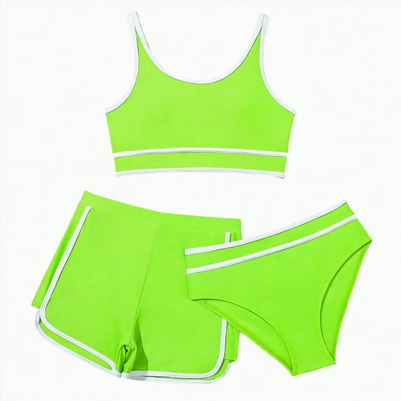 Godom Girl 3 Piece Swimsuits Bathing Suit High Waist Color Block Bikini Set with Shorts Swimwear for Size 9-14 Years,Green