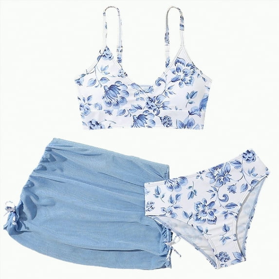 Godom Girl's 3 Piece Floral Swimsuit Cute V Neck Bikini Set High Waisted Bathing Suit Sheer Mesh Cover Up Skirt,Light Blue