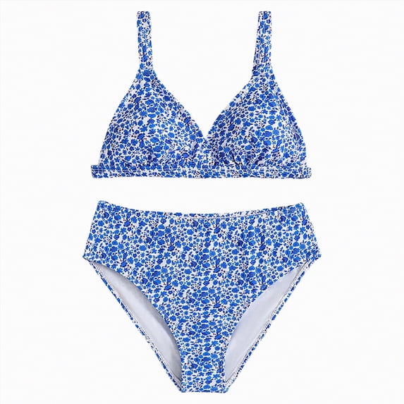 Godom Girl's Floral Print Bikini Set V Neck Spaghetti Strap Bathing Suit Two Piece Swimsuit,Blue