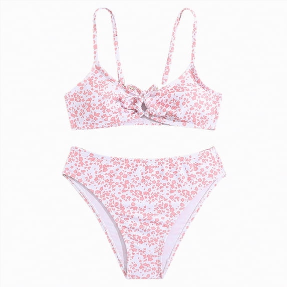 Godom Girls' 2 Piece Floral Print Knot Front Ruched Triangle Bikini Swimsuit,Pink