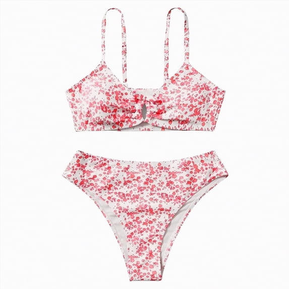 Godom Girls' 2 Piece Floral Print Knot Front Ruched Triangle Bikini Swimsuit,Red