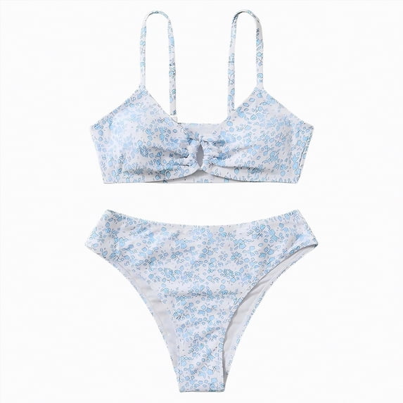 Godom Girls' 2 Piece Floral Print Knot Front Ruched Triangle Bikini Swimsuit,White