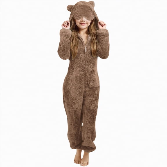 Godom Girls Bear Ear Hooded Onesie Soft Kid Cute Zip Up Fuzzy Fleece Jumpsuit Romper Warm One Piece Winter Outfit Outdoor Christmas,Khaki