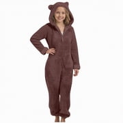 Godom Girls Fleece Zip Up Jumpsuits Kids Hooded Rompers Costume Fuzzy Cute Animal Onesie Winter Warm Zipper Playsuit Jumper,Brown