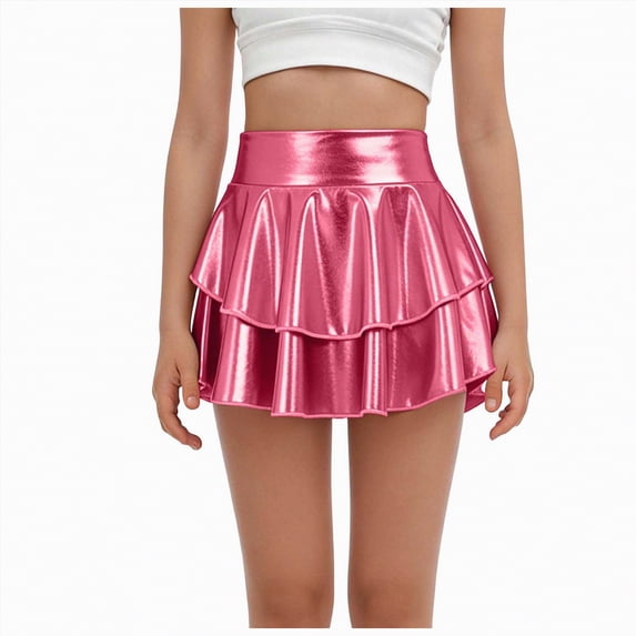 Godom Girls Metallic Skater Skirt 4T-12T Shiny Holographic Flared Skort with Safety Shorts Party Concert,Pink