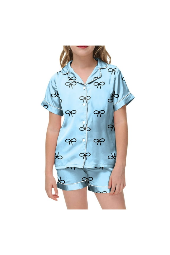 Girls Pajama Set Soft Satin Lightweight Silk Button-Down Top Shorts PJ Toddler 2 Pieces Pjs Kids Sleepwear