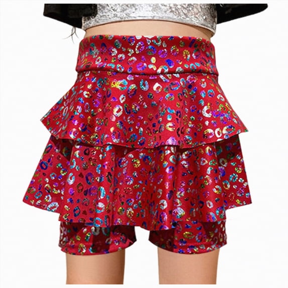 Godom Girls Sparkly Sequin Skirt 3T-14T Elastic Waist Shiny Mini Skater Cheerleader Dance Outfit,Red