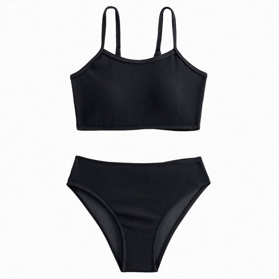 Godom Girls Swimsuit 2-Piece Ribbed Bikini Set Adjustable Strap Bathing Suits for Teens Swimwear Solid,Black