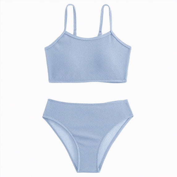 Godom Girls Swimsuit 2-Piece Ribbed Bikini Set Adjustable Strap Bathing Suits for Teens Swimwear Solid,Blue