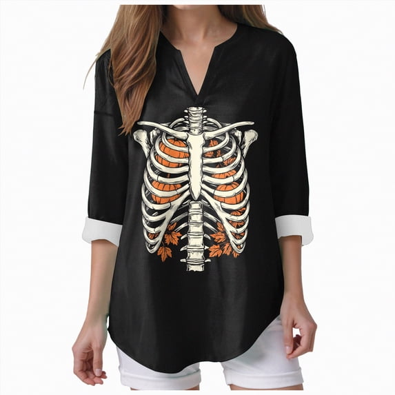 Godom Halloween Casual 3/4 Sleeve V Neck Shirt for Women Funny Holiday Graphic Tee Fall Winter Loose Fit Tops
