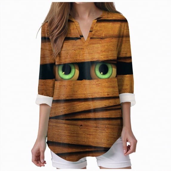 Godom Halloween Casual 3/4 Sleeve V Neck Shirt for Women Funny Holiday Graphic Tee Fall Winter Loose Fit Tops