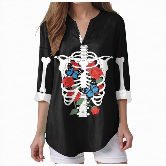 Godom Halloween Casual 3/4 Sleeve V Neck Shirt for Women Funny Holiday Graphic Tee Fall Winter Loose Fit Tops