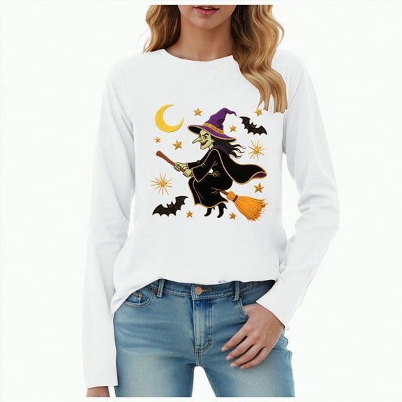 Godom Halloween Long Sleeve Shirts for Women Casual Soft Crewneck Basic Tee Tops Fall Outfit Clothes