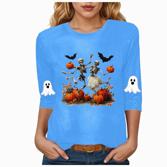 Godom Halloween Shirts Pumpkin Shirt Women Cute Ghost Blouse Casual Fall Graphic 3/4 Sleeve Tee Tops