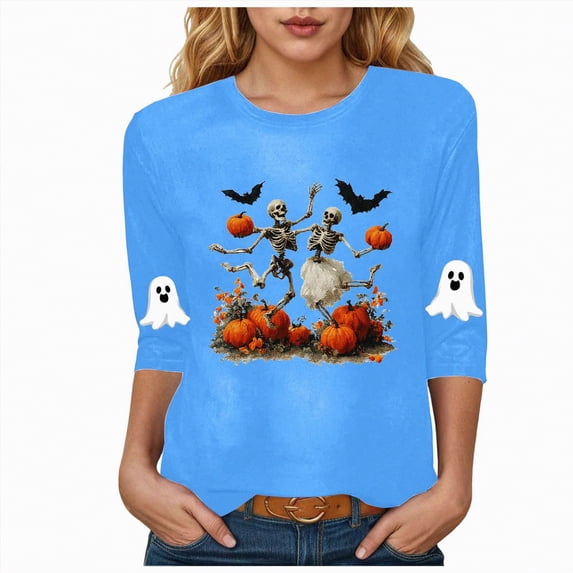 Godom Halloween Shirts Pumpkin Shirt Women Cute Ghost Blouse Casual Fall Graphic 3/4 Sleeve Tee Tops