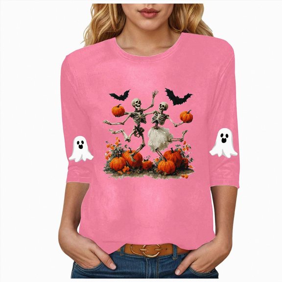 Godom Halloween Shirts Pumpkin Shirt Women Cute Ghost Blouse Casual Fall Graphic 3/4 Sleeve Tee Tops