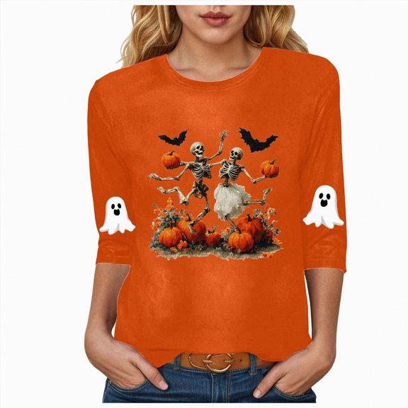 Godom Halloween Shirts Pumpkin Shirt Women Cute Ghost Blouse Casual Fall Graphic 3/4 Sleeve Tee Tops
