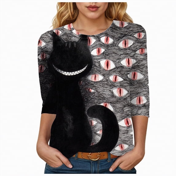 Godom Halloween Shirts Women Ghost Graphic Tees 3/4 Sleeve Fall Pumpkin T-Shirt Tops