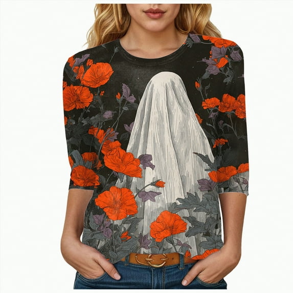 Godom Halloween Shirts Women Ghost Graphic Tees 3/4 Sleeve Fall Pumpkin T-Shirt Tops
