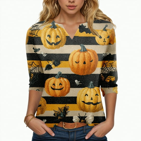 Godom Halloween Shirts Women T-Shirt Funny Pumpkin Graphic V-Neck Tee Fall 3/4 Long Sleeve Tops