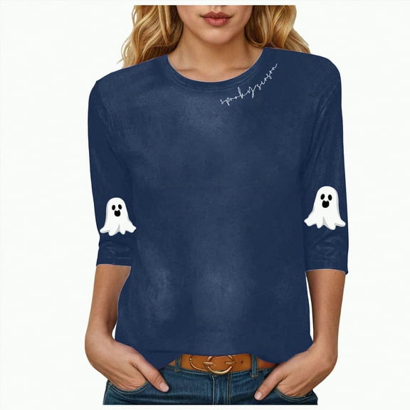 Godom Halloween Shirts for Women 2025,3/4 Sleeve Ghosts Graphic Tee Crewneck Trendy Pullover Tops