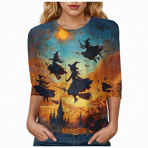 Godom Halloween Shirts for Women 3/4 Length Sleeve Tops Cute Graphic Tshirt Crewneck T-Shirt Ghost Print Tee Shirt