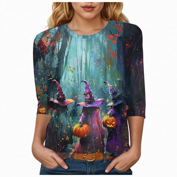 Godom Halloween Shirts for Women 3/4 Length Sleeve Tops Cute Graphic Tshirt Crewneck T-Shirt Ghost Print Tee Shirt