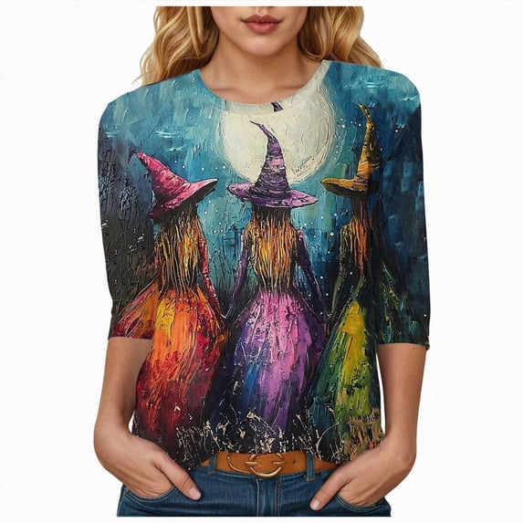 Godom Halloween Shirts for Women 3/4 Length Sleeve Tops Cute Graphic Tshirt Crewneck T-Shirt Ghost Print Tee Shirt