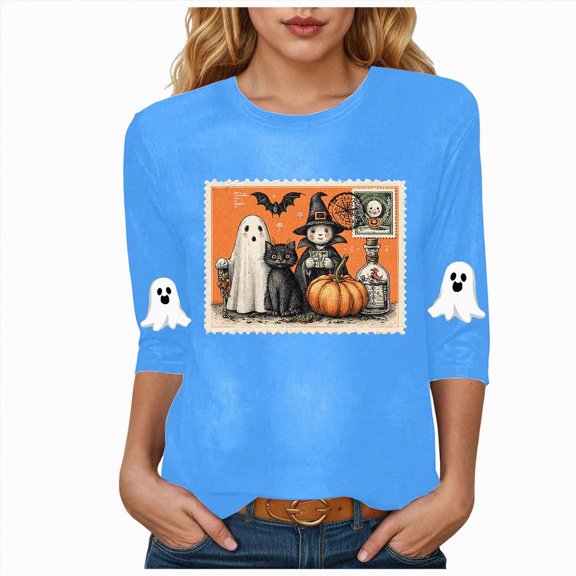 Godom Halloween Shirts for Women 3/4 Long Sleeve Ghost Graphic Shirt Fall Pumpkin Tops
