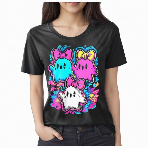 Godom Halloween Shirts for Women Cute Ghost Graphic T Shirt Halloween Short Sleeve Tee Tops