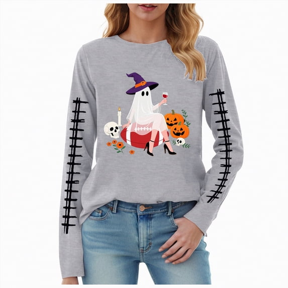 Godom Halloween Shirts for Women Cute Ghost Shirt Fall Pumpkin Tshirt Graphic Tees casual Long Sleeve Tops