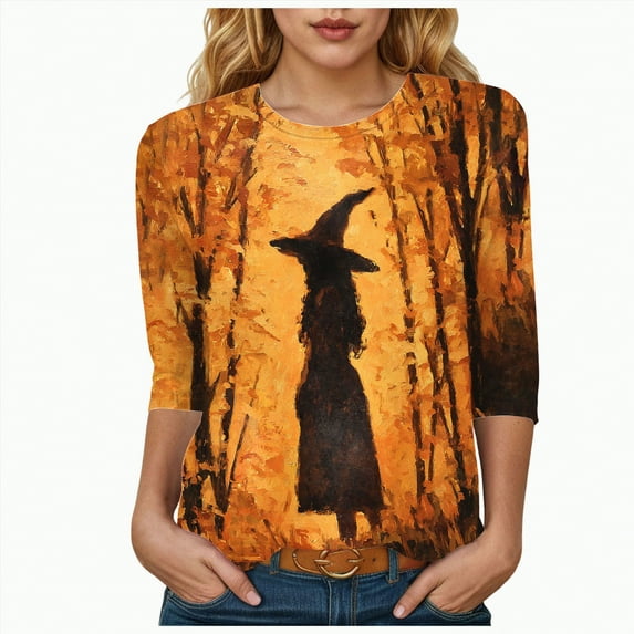 Godom Halloween Shirts for Women Funny Cute Graphic Tee 3/4 Length Sleeve Tunic Tops Halloween