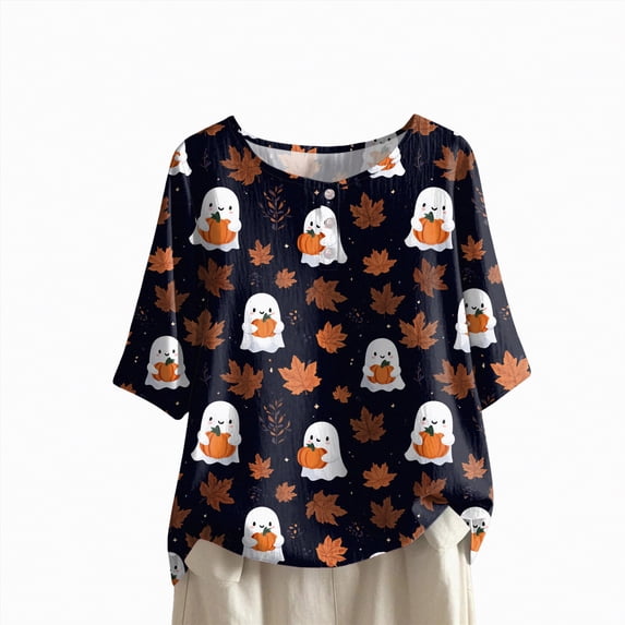 Godom Halloween Shirts for Women Ghost Graphic Button Oversized T Shirt Short Sleeve Tees Tops