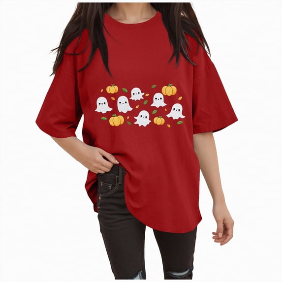 Godom Halloween Shirts for Women Ghost Graphic T-Shirt Funny Casual Short Sleeve Shirt Fall Outfit