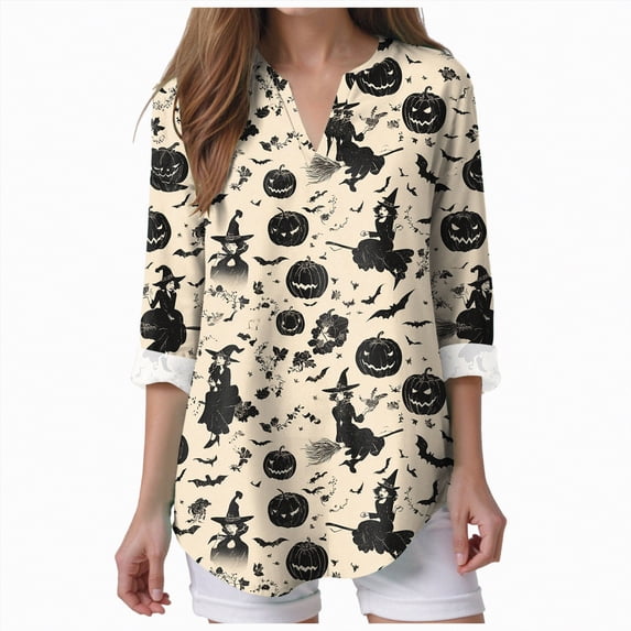 Godom Halloween Shirts for Women Graphic Letter Print Oversized T Shirt 3/4 Long Sleeve Tees Tops