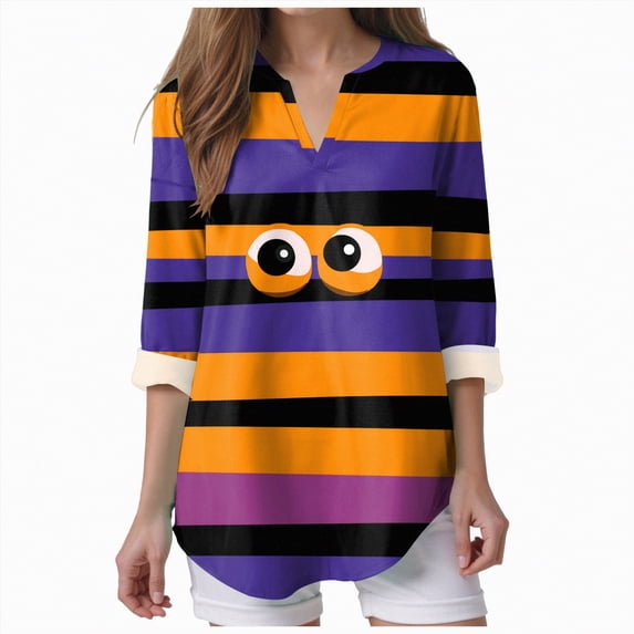 Godom Halloween Shirts for Women Graphic Letter Print Oversized T Shirt 3/4 Long Sleeve Tees Tops