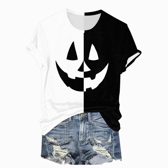 Godom Halloween Shirts for Women Graphic Letter Print T Shirt Short Sleeve Tees Tops