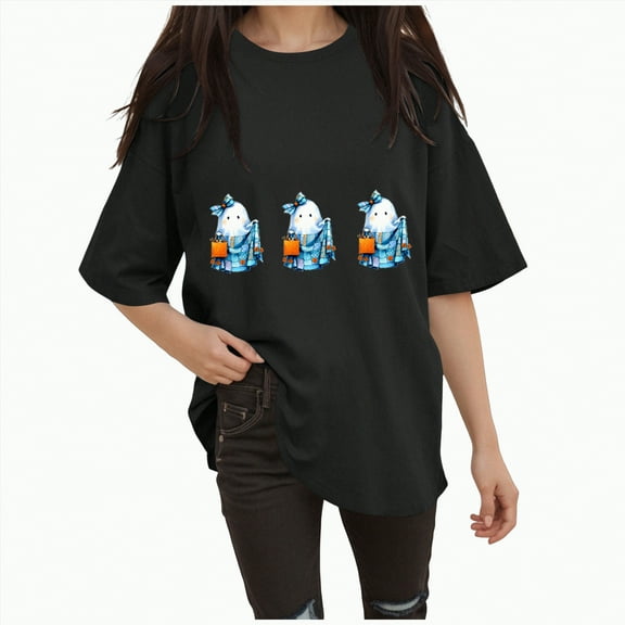 Godom Halloween Shirts for Women Halloween Tshirt Cute Ghost Graphic Tees Casual Short Sleeve Fall Tops
