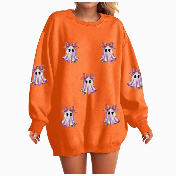 Godom Halloween Sweatshirts for Women Ghost Graphic Crewneck Long Sleeve Pullover Tops Loose Fit Soft Knit Ribbed Casual Fall Winter Outfits