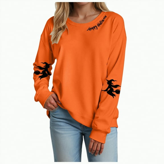 Godom Halloween Sweatshirts for Women Pumpkin Graphic Casual Crewneck Sweatshirt Long Sleeve Shirt Soft Lightweight Loose Top
