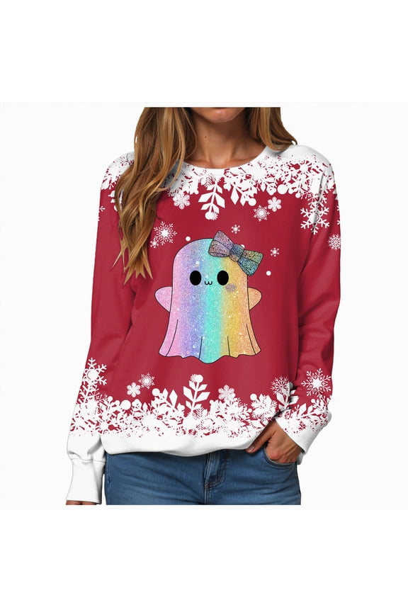 Halloween Sweatshirts for Women Trendy Ghost Graphic Sweatshirt Oversized Crewneck Long Sleeve Fleece Pullover Sweaters