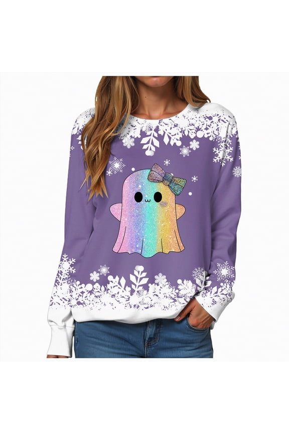 Halloween Sweatshirts for Women Trendy Ghost Graphic Sweatshirt Oversized Crewneck Long Sleeve Fleece Pullover Sweaters