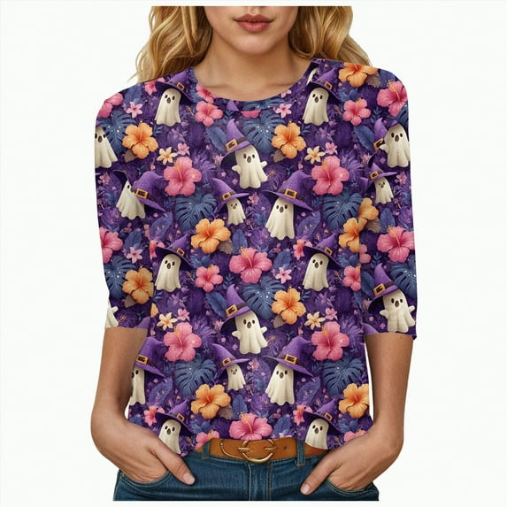 Godom Halloween T Shirt Women Vintage Graphic Tees 3/4 Sleeve Casual Funny Halloween Party Shirts